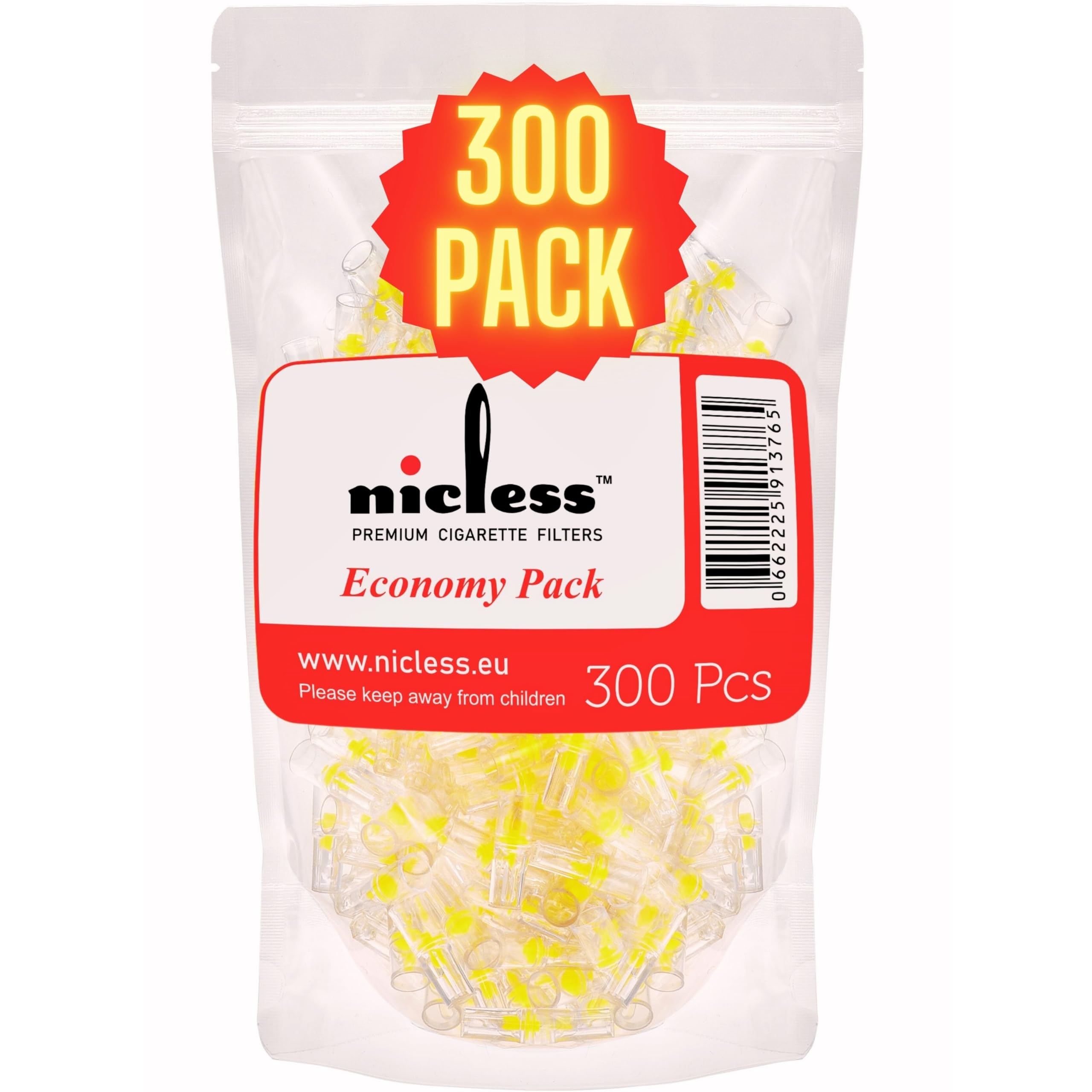 Nicless Premium Cigarette Filters 8mm - Disposable Cigarette Holder and Tar-Nicotine Filtration System for Normal/King Size Cigarettes - Microfilter for Cigarettes - Resealable Pack | 300 Filters