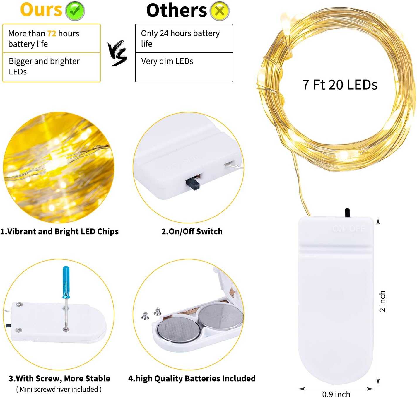 12 Pack Led Fairy Lights Battery Operated String Lights Waterproof Silver Wire, 7Ft 20 LED Firefly Starry Moon Lights for DIY Wedding Party Bedroom Patio Christmas (Warm White): Home Improvement