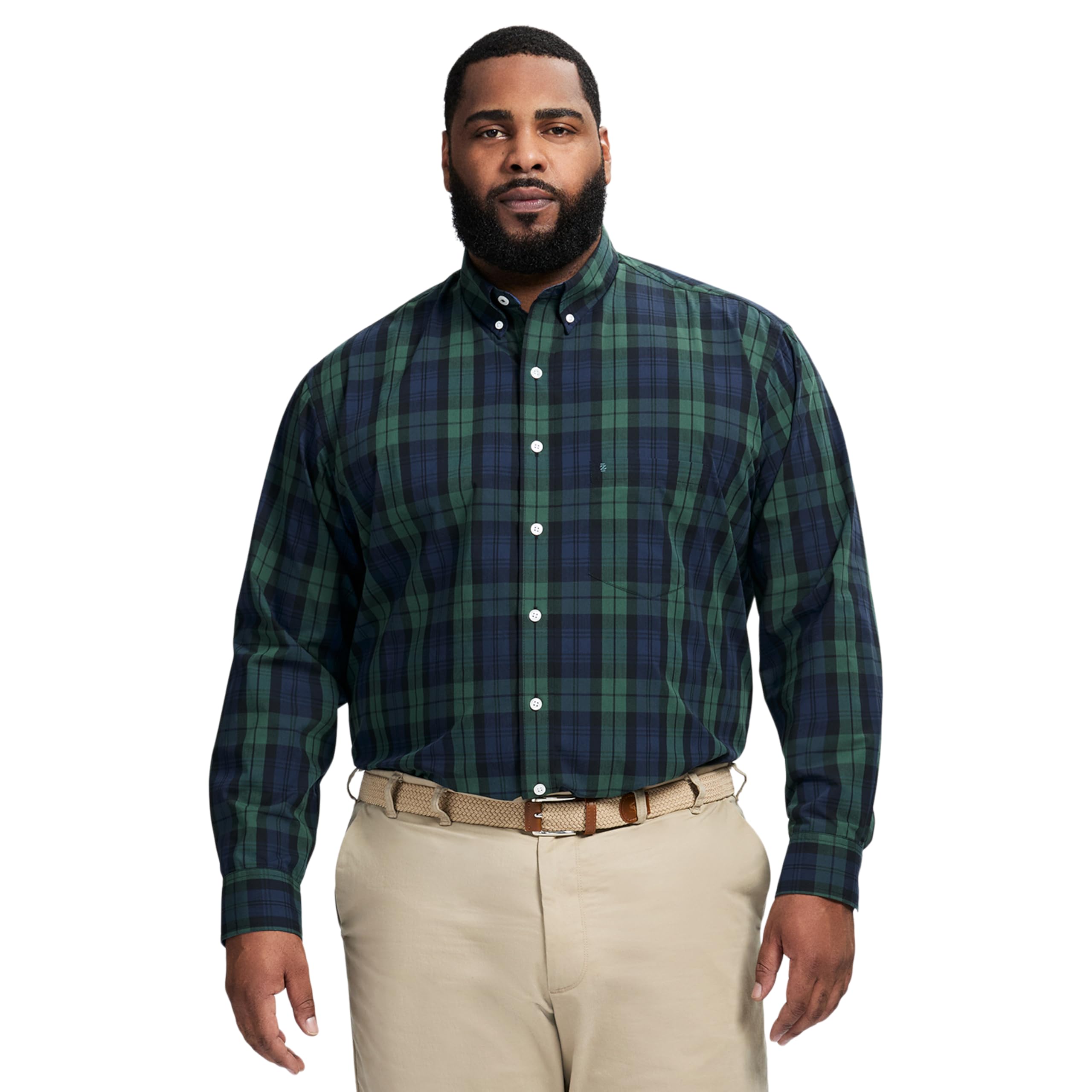 IZOD Men’s Big & Tall Long Sleeve Holiday Tartan Button Down Shirt, Black, Large Tall