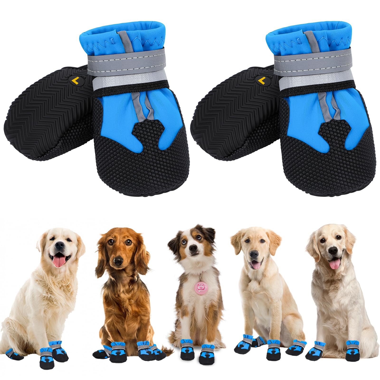 QKURT 4 Pieces Dog Boots Paw Protector, Waterproof Dog Shoes with Reflective Straps, Adjustable Washable Non-Slip, for Injured Paws, Outdoor Paw Protectors for Small Medium Large Dogs