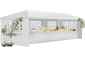 OLLIDOT 10' X 30' White Canopy Tent, Backyard Party Tent with 5 Removable Sidewalls, Outdoor White Tents for Parties, Events, Birthday, Wedding, Grarden and Patio
