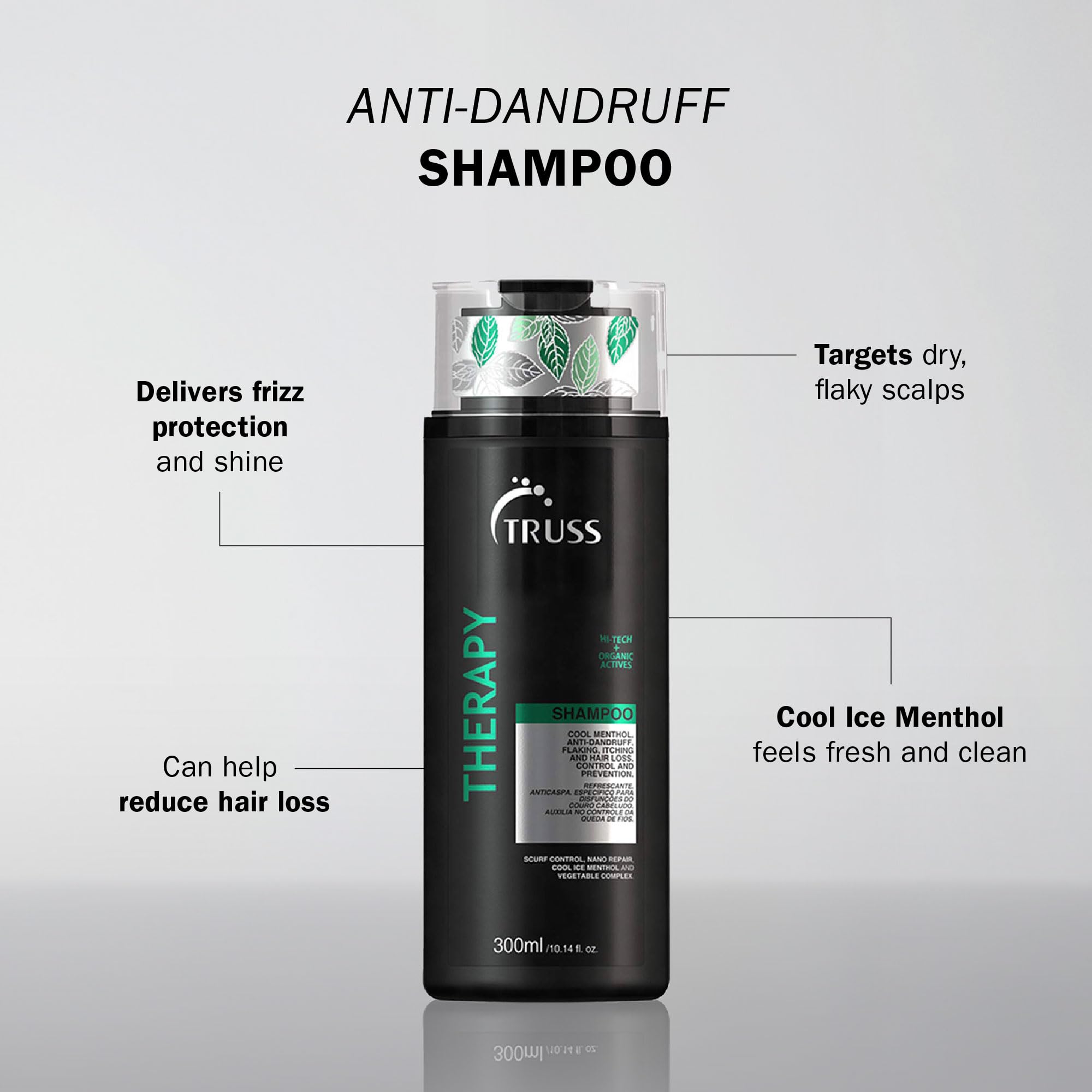 TRUSS Therapy Anti Dandruff Shampoo for Women & Men - Hair Shampoo & Itchy Scalp Treatment Infused with Menthol - Gentle Hair Care for Excess Oiliness & Flaking - pH Balanced & Paraben-Free (10.14 oz)
