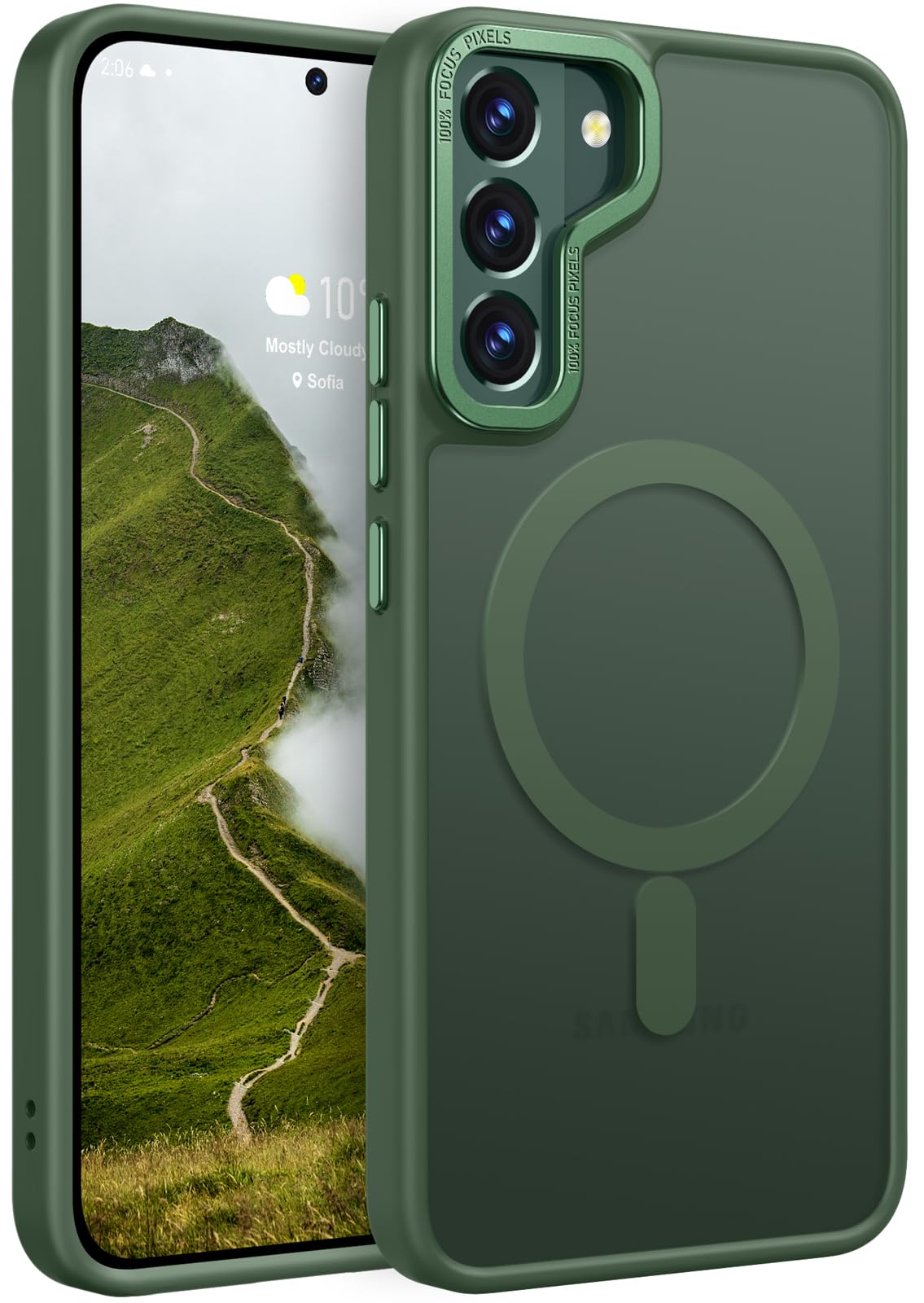 Photo 1 of Rayboen for Samsung Galaxy S22 case Magnetic, [Compatible with Magsafe] Shockproof Protective Slim Fit Skin Feel Phone Cover for Samsung S22 5G with Translucent Hard Back & Soft Edge, Matte Green