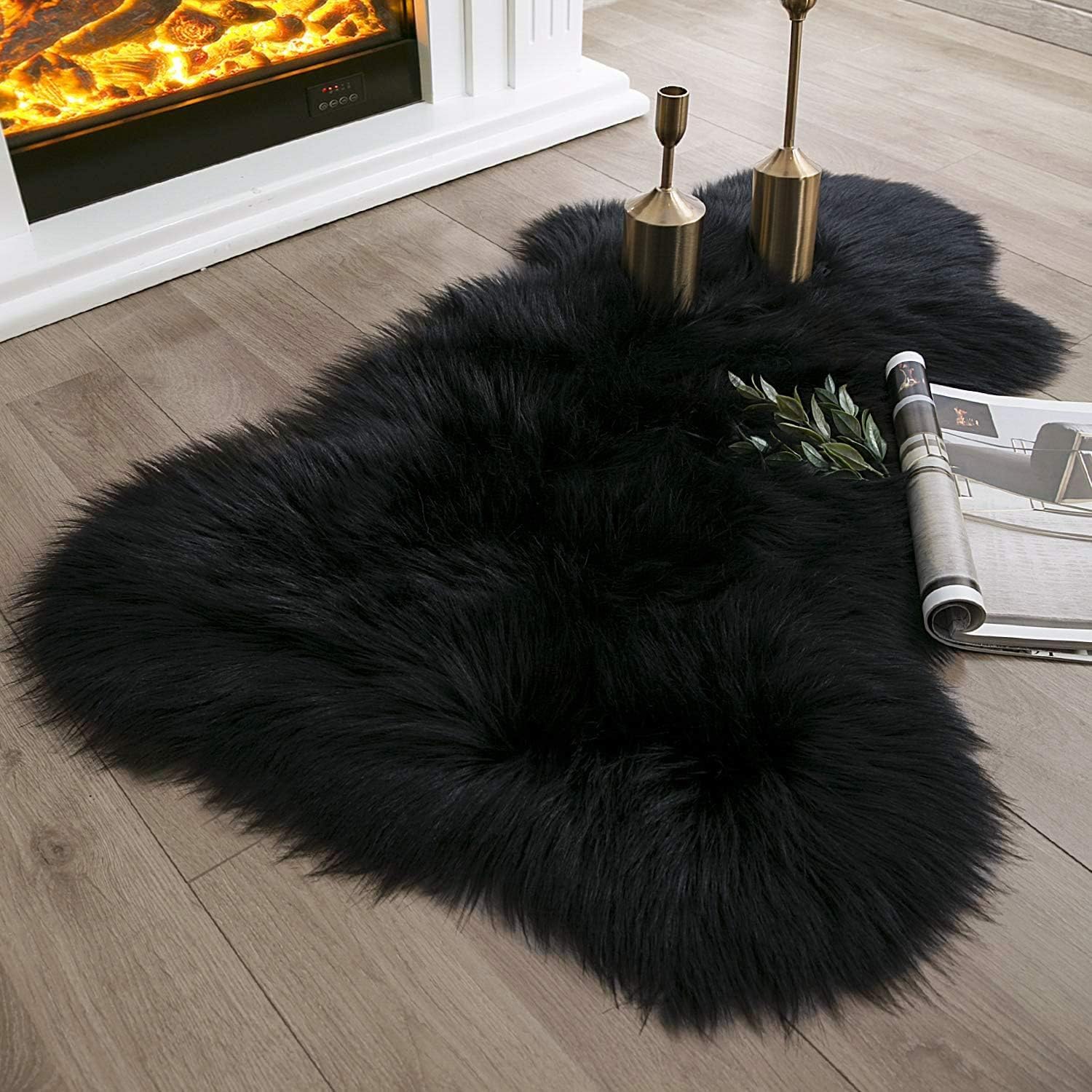 JXLOULAN Fluffy Faux Sheepskin Rug Black 75x120 cm- Hypoallergenic Non-Shedding Area Rug for Living Room/Bedroom/Kids Room, Cloud-Like Soft & Machine Washable