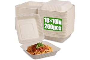 PONY PACKAGING Compostable Clamshell To Go Food Containers with lids 10"x10"x3", 200 Pack Disposable Take Out Food Containers, Heavy-Duty To Go Boxes Eco-Friendly Biodegradable Made of Sugar Cane Fibers