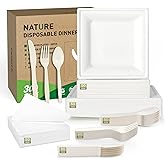FEHHTO Compostable Paper Plates Set, 300PCS Disposable Heavy-Duty Plate and Utensils, Eco Friendly Biodegradable Dinnerware Kit Includes Plates, Forks, Knives, Spoons and Napkins for Party 50 People