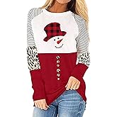 BANGELY Snowman Christmas Shirts Plaid Hat Graphics Long Sleeve Top Leopard Print Sleeve Pullover Raglan Baseball Tees
