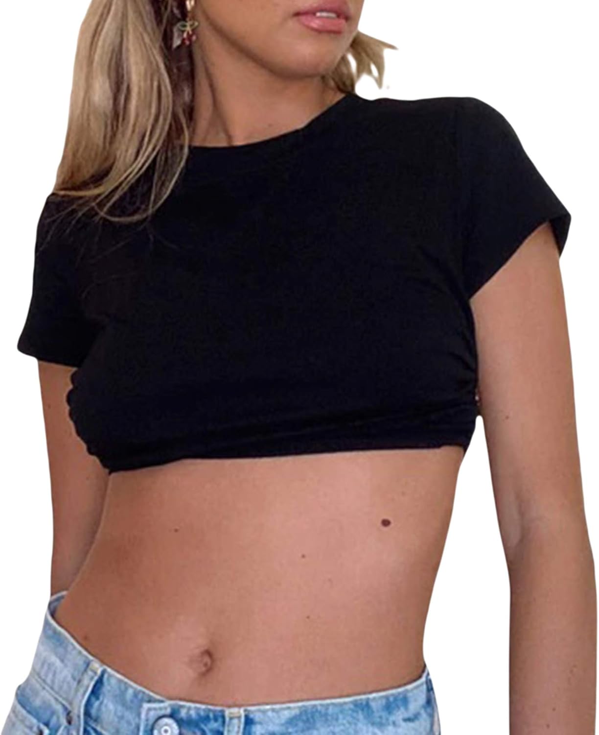 Damen Crop Top Kurzarm - Basic T-Shirt Rundhals | Casual Sommer Top Für Freizeit