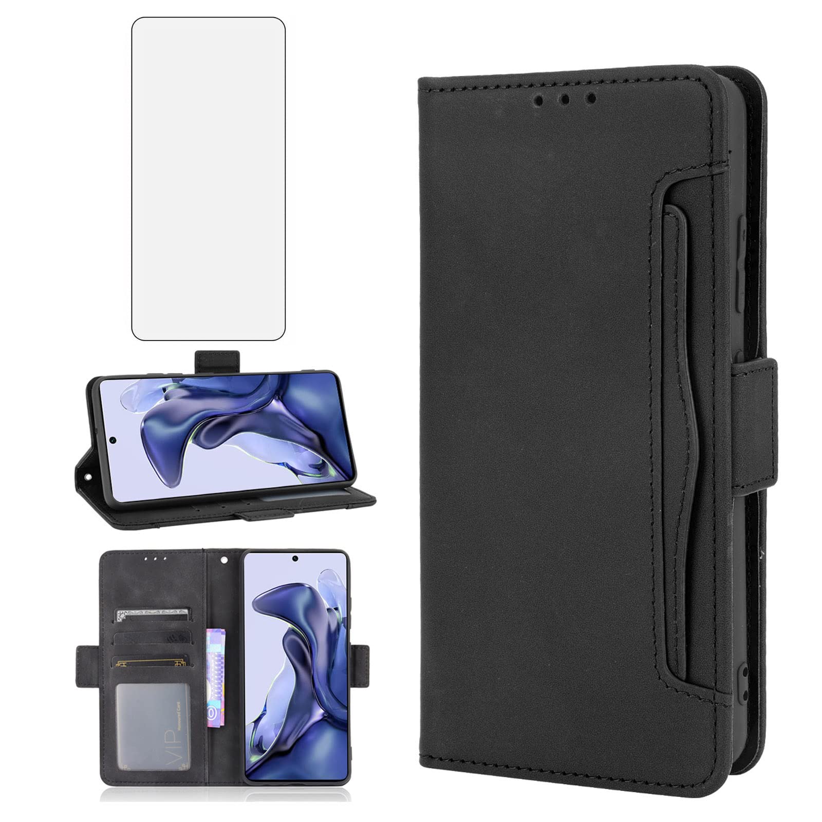 Asuwish Compatible with Xiaomi Mi 11T/Mi11T Pro 5G Wallet Case and Tempered Glass Screen Protector Card Holder Credit ID Slot Flip Cell Accessories Phone Cover for Mi11TPro T11 G5 Women Men Black