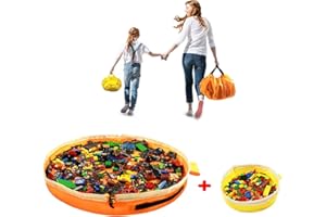 SUMBABO Toy Storage for Lego Play Mat Bag - Duplo Toy Organizer Storage Bag by Drawstring for Kids Tidy Toy with Lips can as Gift (2Pcs = Big Orange + Mini Yellow)