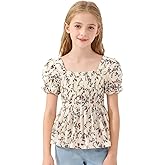 Seechoslo 2025 Tween Girls’ Cute Short Sleeve Square Neck Smocked Elastic Short Sleeve Woven Shirt Top