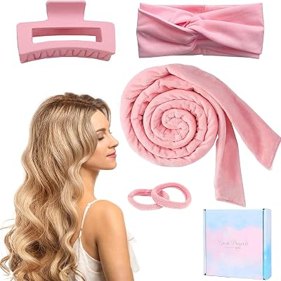 CNMTCCO Heatless Hair Curling Headband Flannel Velvet No Heat Curls Ribbon Pink