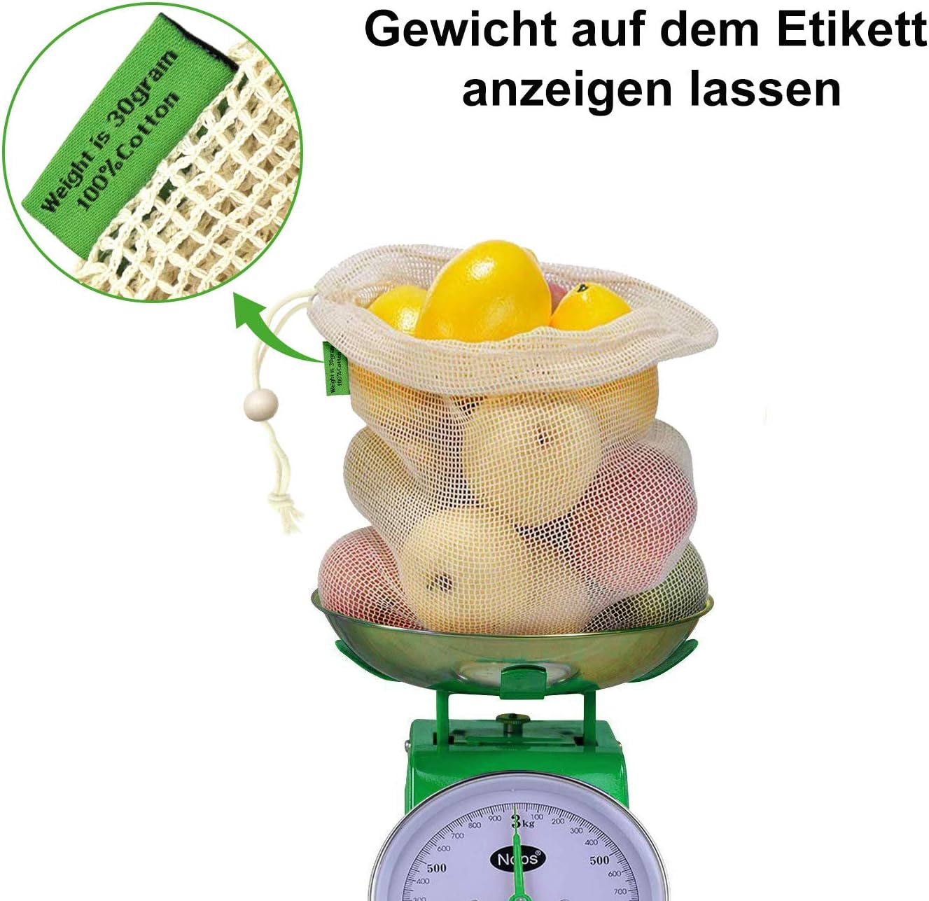 E-Know Vegetable Bags Made of Cotton, Set of 11 Fruit and Vegetable Bags, Natural Mesh Cotton, Zero-Waste (3 Small, 4 Medium - Image 3