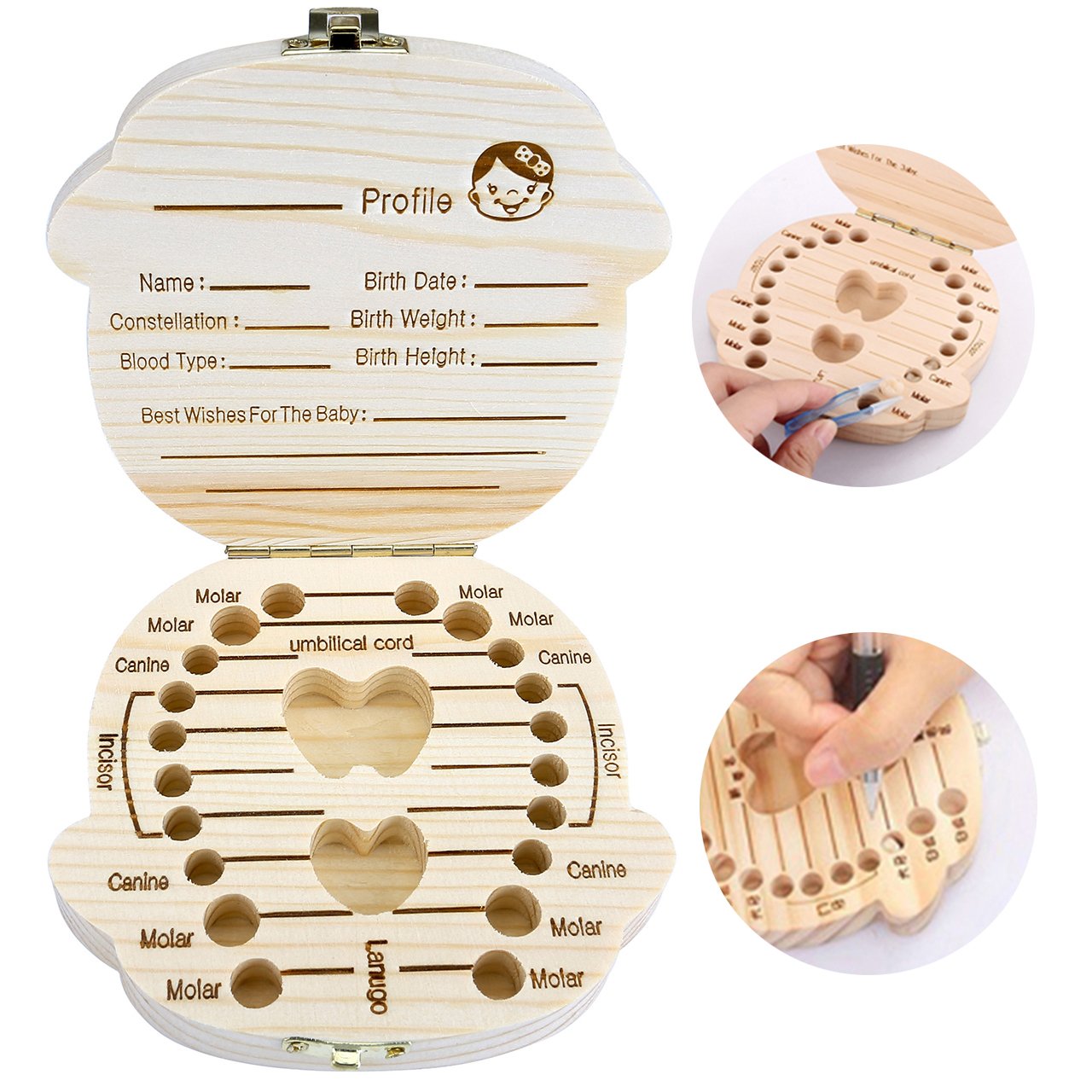 Baby Teeth Box, Yoption Child Milk Teeth Save Wooden Keepsake Souvenir Box, Customize Personalized Baby Tooth Box for Kids Boy&Girl (English, Girl)