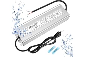 PZETCEIR LED Driver 250W 24V Power Supply, IP67 Waterproof Low Voltage Transformer, AC 80-265V to DC 24V 10.4A Converter with 3-Prong Plug 3.3 Feet Cable for Outdoor LED Lights, Industrial, Computer