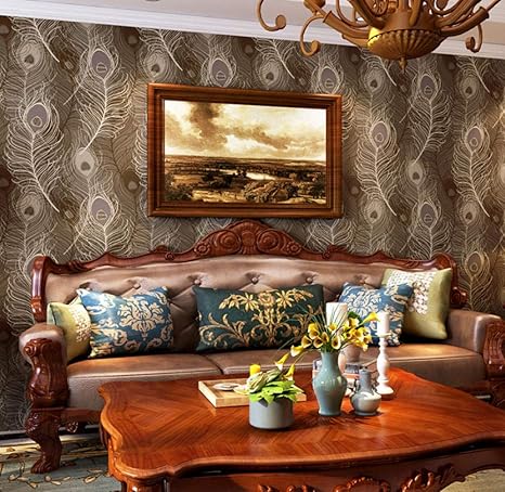 Amazon Sunkuxc 中国風グリーンピーコックフェザー壁紙ロール不織布寝室リビングルームテレビ背景壁 400x280cm 壁紙