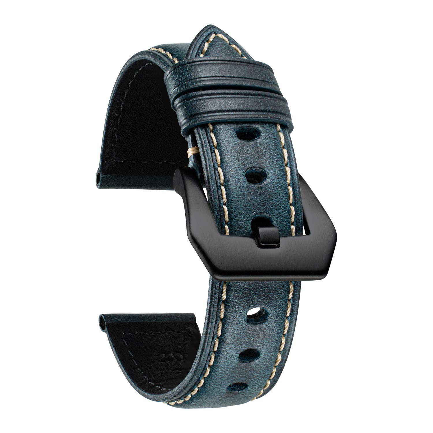 BINLUN Retro Leather Watch Strap for Men 18mm 20mm 22mm 24mm 26mm Handmade Oil Waxed Leather Strap Replacement Vintage Watch Band Stainless Steel Buckle（Blue/Black Buckle,18mm