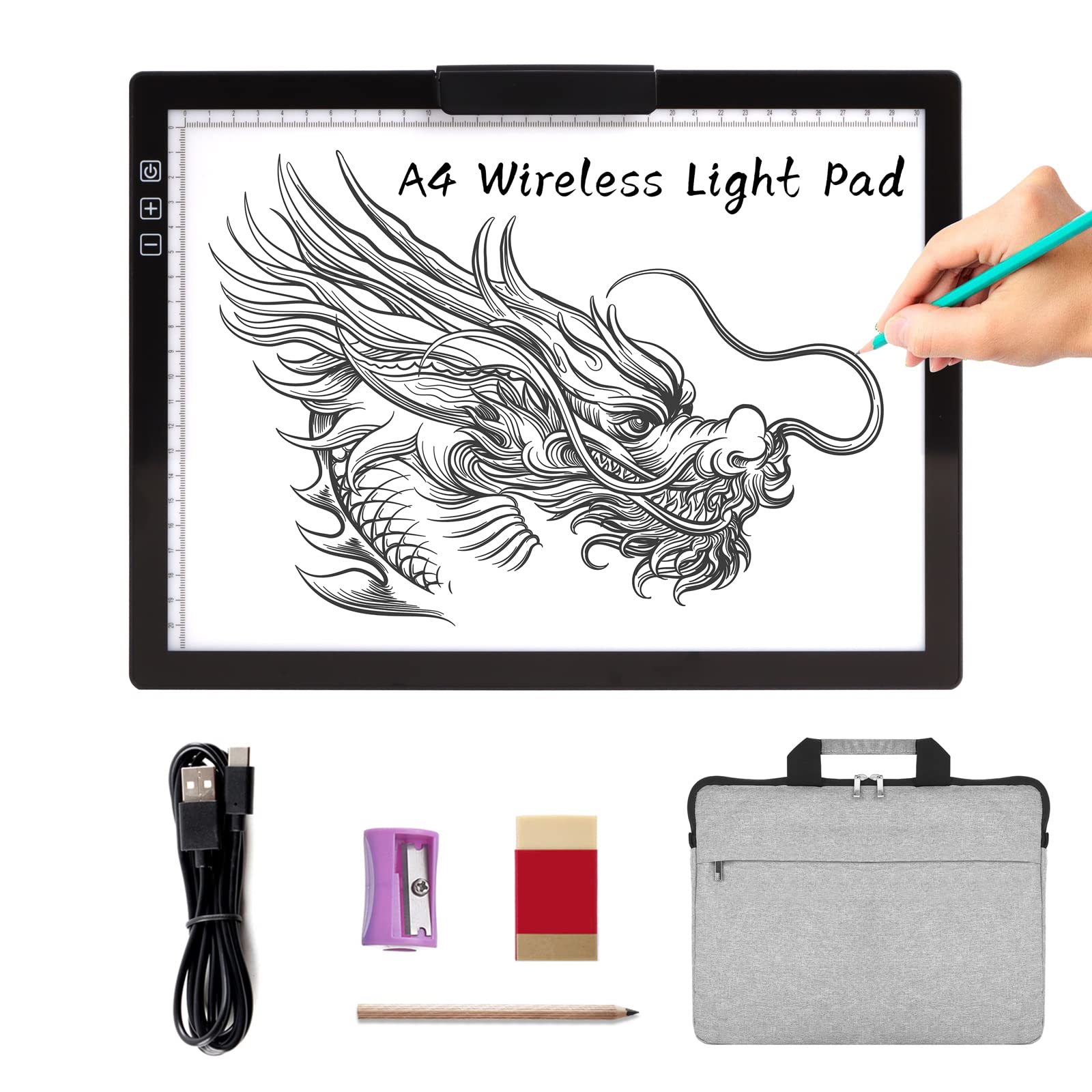 A4 Wireless LED Light Pad with Carry Bag, Innovative Stand and Top Clip, TOHETO Rechargeable Light Box Stepless Dimmable and 6 Levels Brightness Cordless Light Board for Tracing Weeding Vinyl (Black)