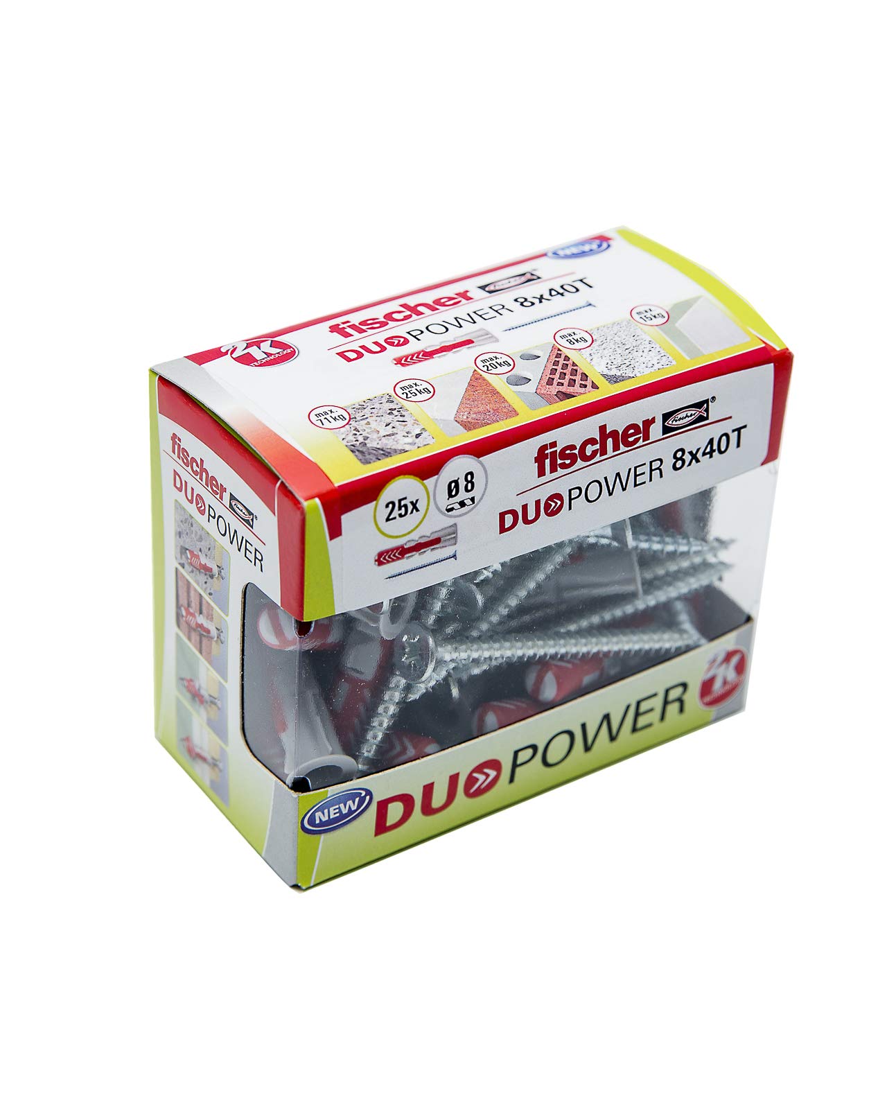 fischer DuoPower Plug, Grey/Red, T (Box of 25 Plugs Plus 25 Screws), 536391, 8x40 S