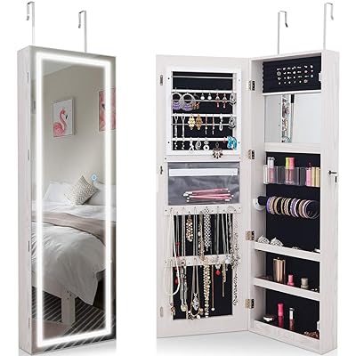 Giantex Jewelry Cabinet Box Amoire Door Wall Mount Lockable Touch Screen Light Built-in Zipper Pocket Inside Makeup Mirrored Storage Jewelry Box Armoires with Lipstick Holder(White)