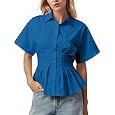 Dsewpaur Women Striped Button Pleated Shirts Short Sleeve Summer Casual Peplum Blouse
