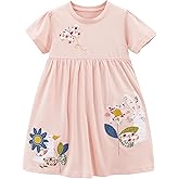 Hongshilian Toddler Girl Cotton Casual Dress Cartoon Appliques Short Sleeve Tunic Jersey Clothing