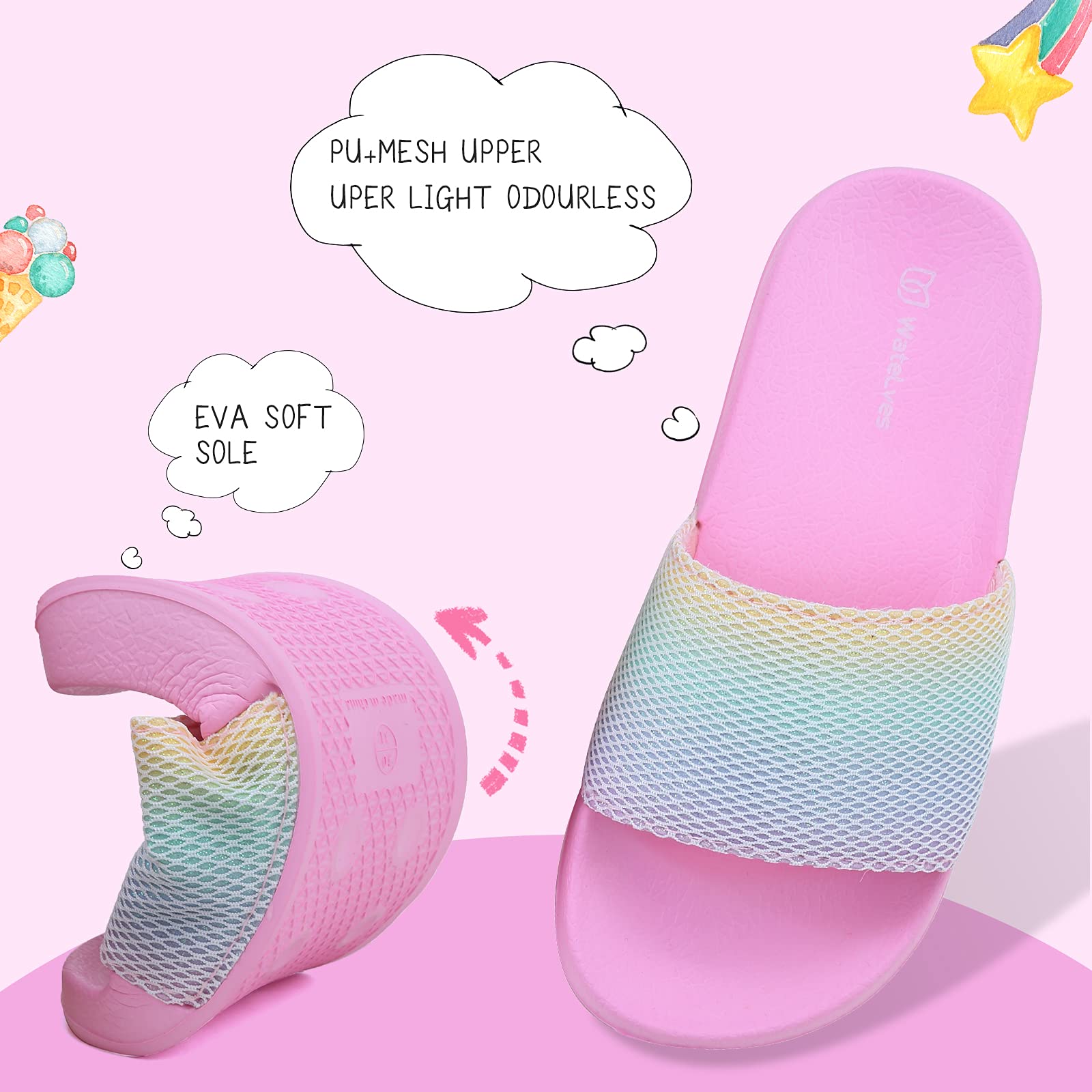 WateLves Badelatschen Kinder Sommer Hausschuhe Badeschlappen Jungen Mädchen Rutschfeste Dusch Badeschuhe Strand Sandalen(Regenbogen 34/35EU) 4