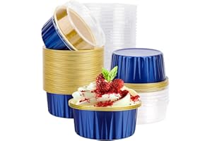 EUSOAR Disposable Ramekins with Lids, Royal Blue 50pcs 5oz Creme Brulee Ramekins Disposable, Muffin Liners Cups，Mini Cheesecake Foil Pans Dessert Containers with Lids for Party Favor Birthday