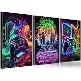 PPV 3Pcs Cool Gaming Wall Art Retro Video Gamer watercolor Posters Pictures Colorful Neon Gamepad Canvas Painting Prints for Boys Room Kids Gamer Room Bedroom for Boys Home Decoration 12x16in