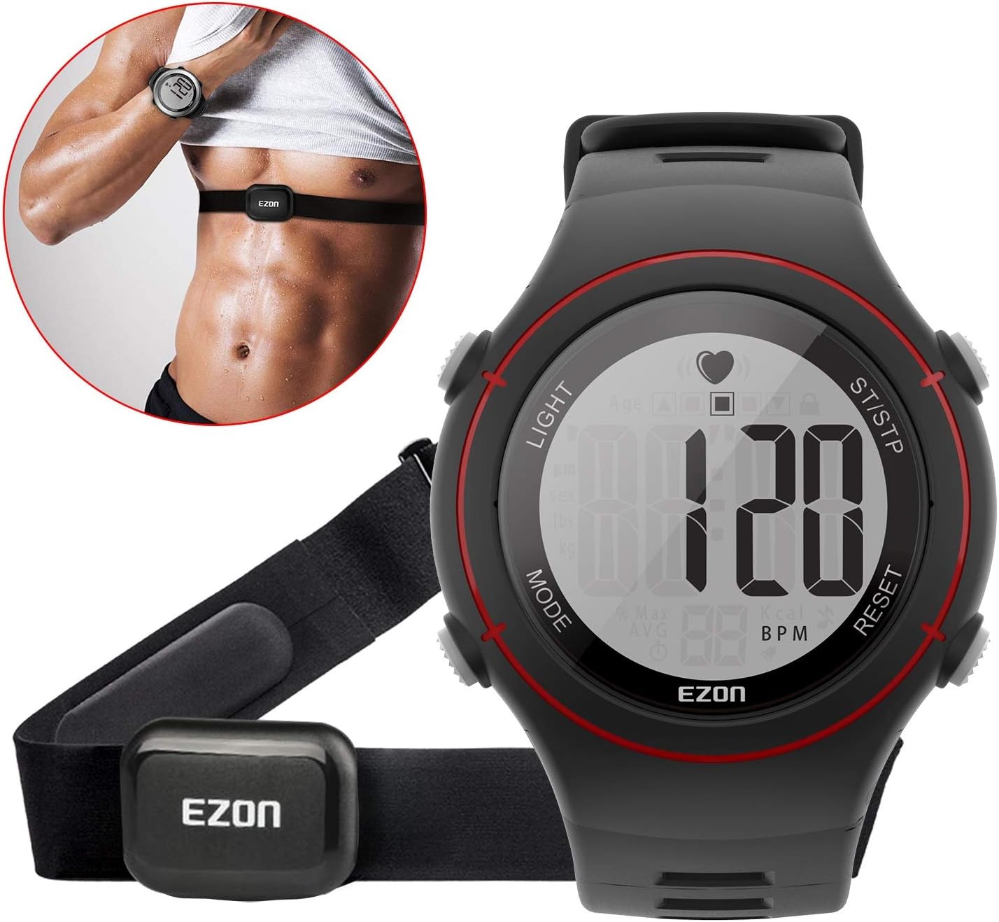 EZON Pulsuhr Sportuhr mit HRM Brustgurt (Schwarz mit Rot): Amazon.de: Sport & Freizeit