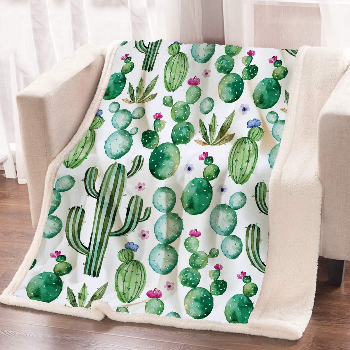 ARIGHTEX Watercolor Cactus Print Blanket College Dorm Blanket with Succulent Fleece Blanket Soft Warm Fuzzy Plush Throw (50 x 60 Inches)