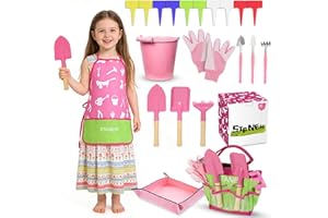 Stanew 21pcs Kids Gardening Set - Pink Flower Garden Plant Growing Kit with Hand Tools, Apron, Tote Bag, Garden Gloves, Bucke