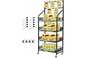 DoubleFill 1 Set 4 Tier Retail Chip Display Rack Shelf Cart with Wheels and 10 Hook Heavy-Duty Metal Snack Potato Chip Display Organizer Concession Stand for Supermarket Grocery Store Home Black