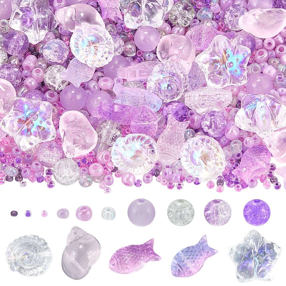 SUNNYCLUE 1 Box 3000+Pcs Summer Beads Kit Glass Fish Beads Starfish Beaded Purple Round Glass Bead Ocean Sea Animal Bead Hawaii Spacer Beaded for Jewellery Making DIY Bracelets Earrings Necklaces