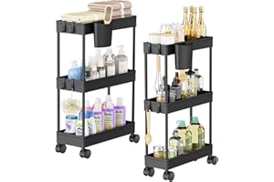 Aratan Slim Storage Cart, 2 Pack Narrow Bathroom Cart with Wheels for Small Space Storage Small Rolling Cart with Hanging Cups&Hooks for Bathroom, Laundry Room, Kitchen Narrow Bathroom Storage, Black