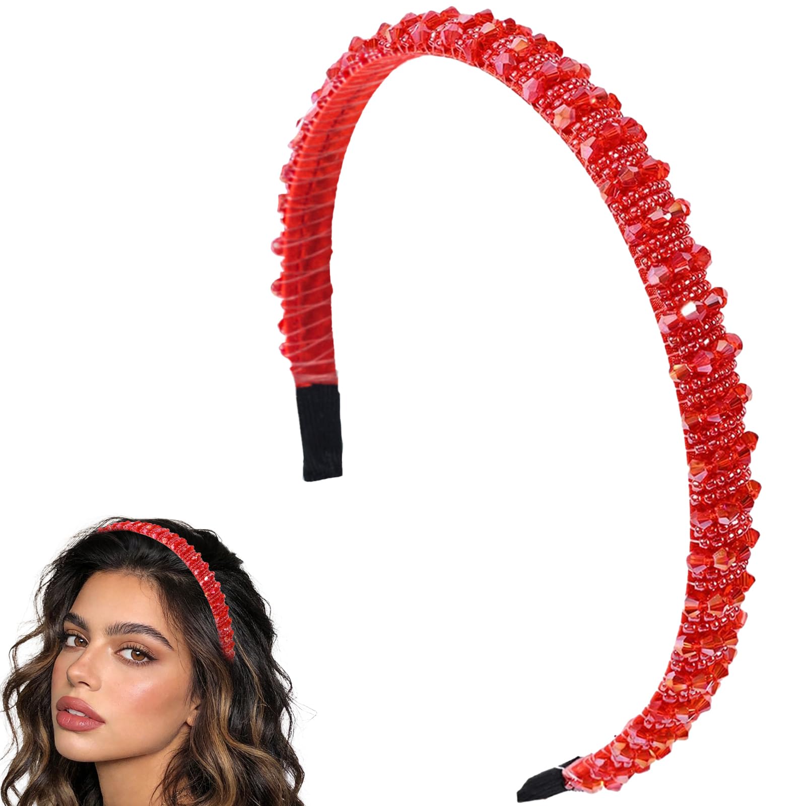 Traziewell Hairbands Girls Headband Crystal Headbands Shiny Non Slip Beaded Hairband Ladies Hair Accessories Decoration for Women Red, 2316