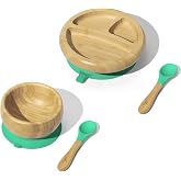 Avanchy Baby Feeding Set, Bamboo Suction Plate, Bowl &amp; 2 Spoons, Green | Toddler Dinnerware for Baby-Led Weaning, Self-Feeding &amp; Independent Eating with Less Mess at Mealtime