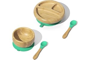 Avanchy Bamboo Baby Plate & Cutlery Set - BPA Free Kids Bowl (Green Essentials)