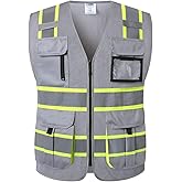 JKSafety 9 Pockets Hi-Vis Mesh Safety Vest for men and women | Chaleco reflectante de seguridad | Zipper Front | Multiple Pockets | Class 1 (140-Grey L)