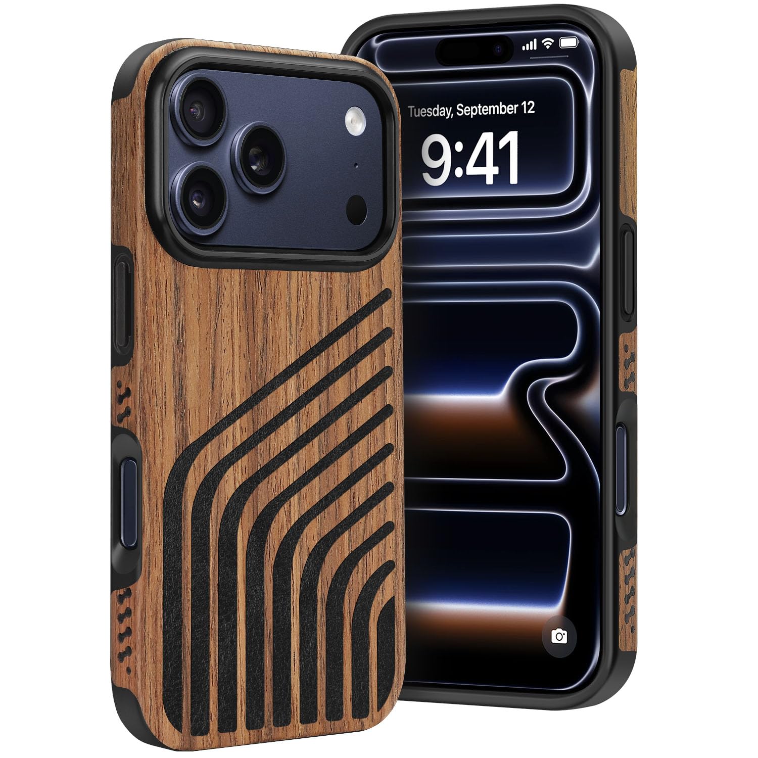 Dolstrap Rugged Case Compatible with iPhone 17 Pro Case, (Natural Wood & Leather & Carbon Fiber Hybrid) Slim Phone Cover, Chord