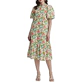Summer Floral Midi Dress for Women Spring Puff Short Sleeve Button Down Flowy Boho Dresses