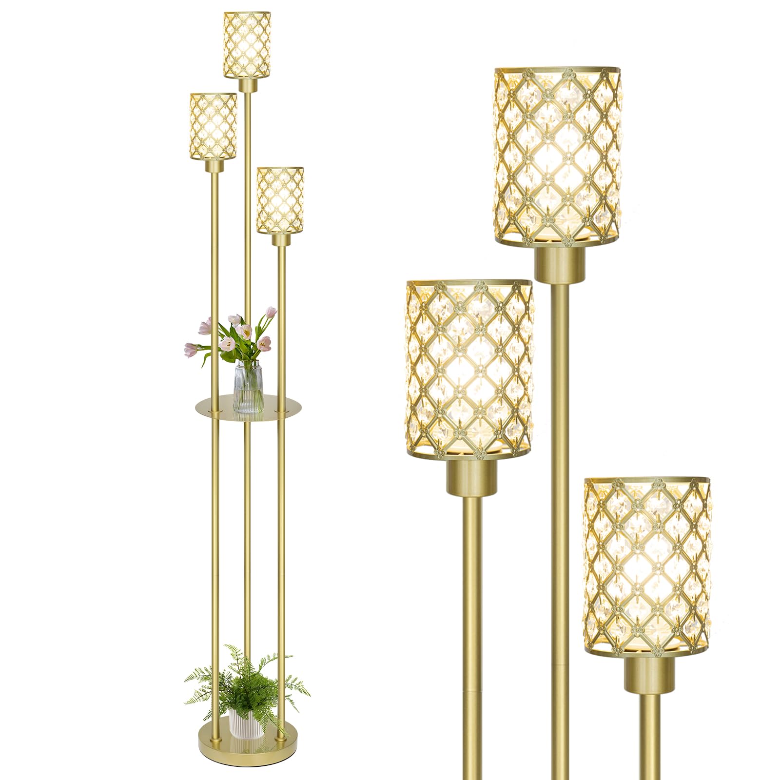 Photo 1 of Geciliaoran Gold Floor Lamps for Living Room, Standing Floor Lamp with Shelves, Tall Lamp with Table, Modern Mid Century Floor Lamp with E26 Base, Coner Crystal Floor Light for Bedroom (Without Bulb)