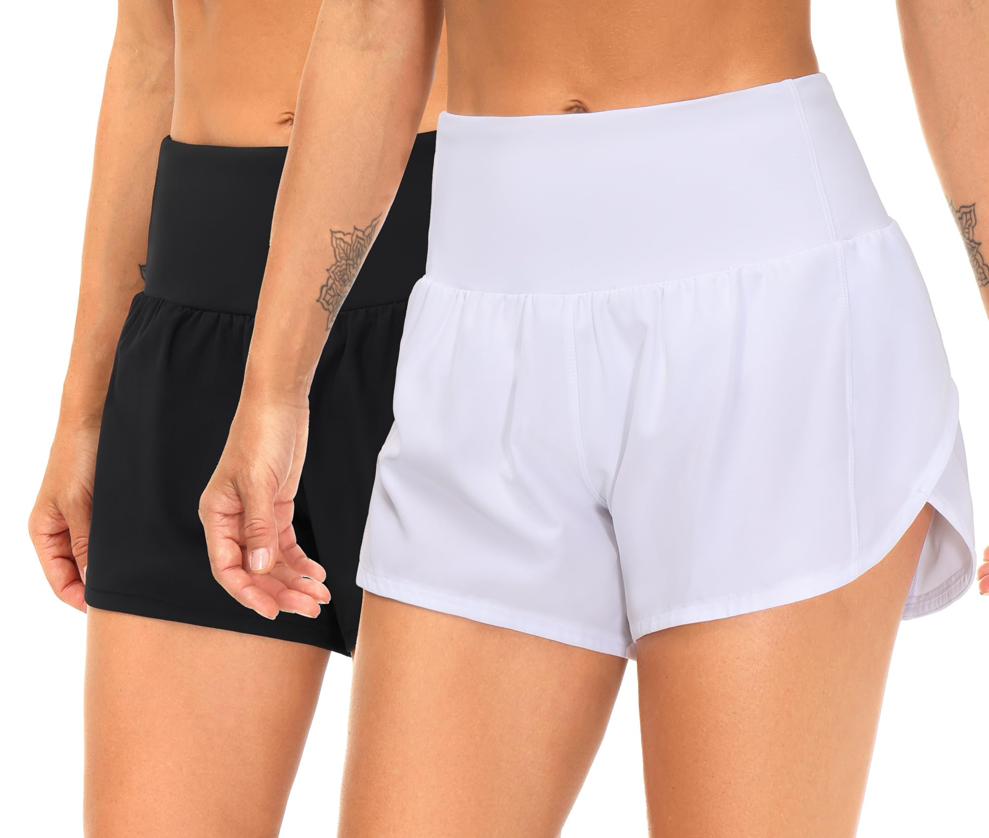 Photo 1 of THE GYM PEOPLE 2 Pack Women's High Waisted Running Shorts with Zipper Pockets Liner Quick Dry Athletic Workout Shorts Black/White