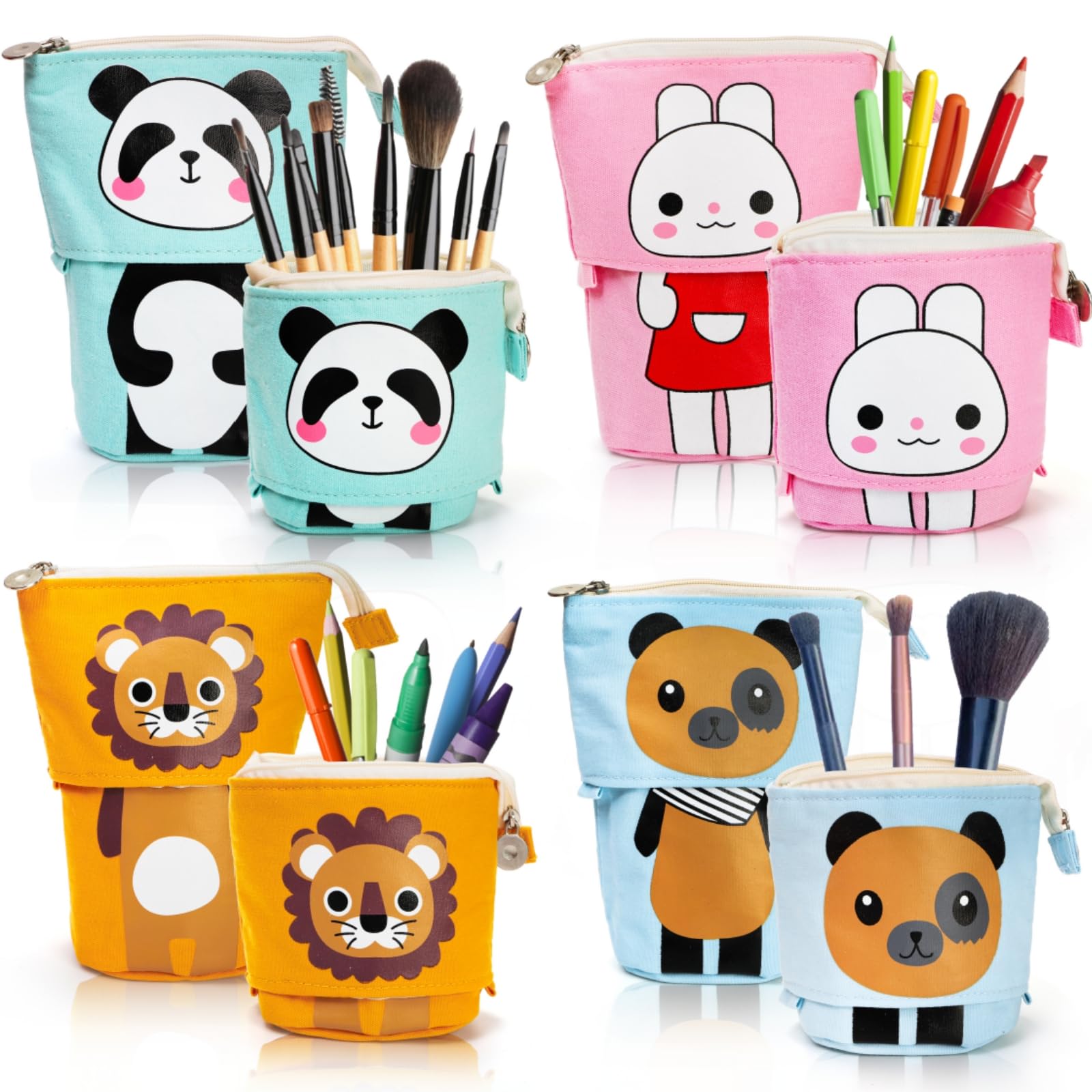 Photo 1 of Nagpew 4 Pack Telescopic Pencil Case, Cute Cartoon Standing Stationary Pouch with Zipper, Pop Up Portable Makeup Holder Canvas Bag for Pens, Cosmetics