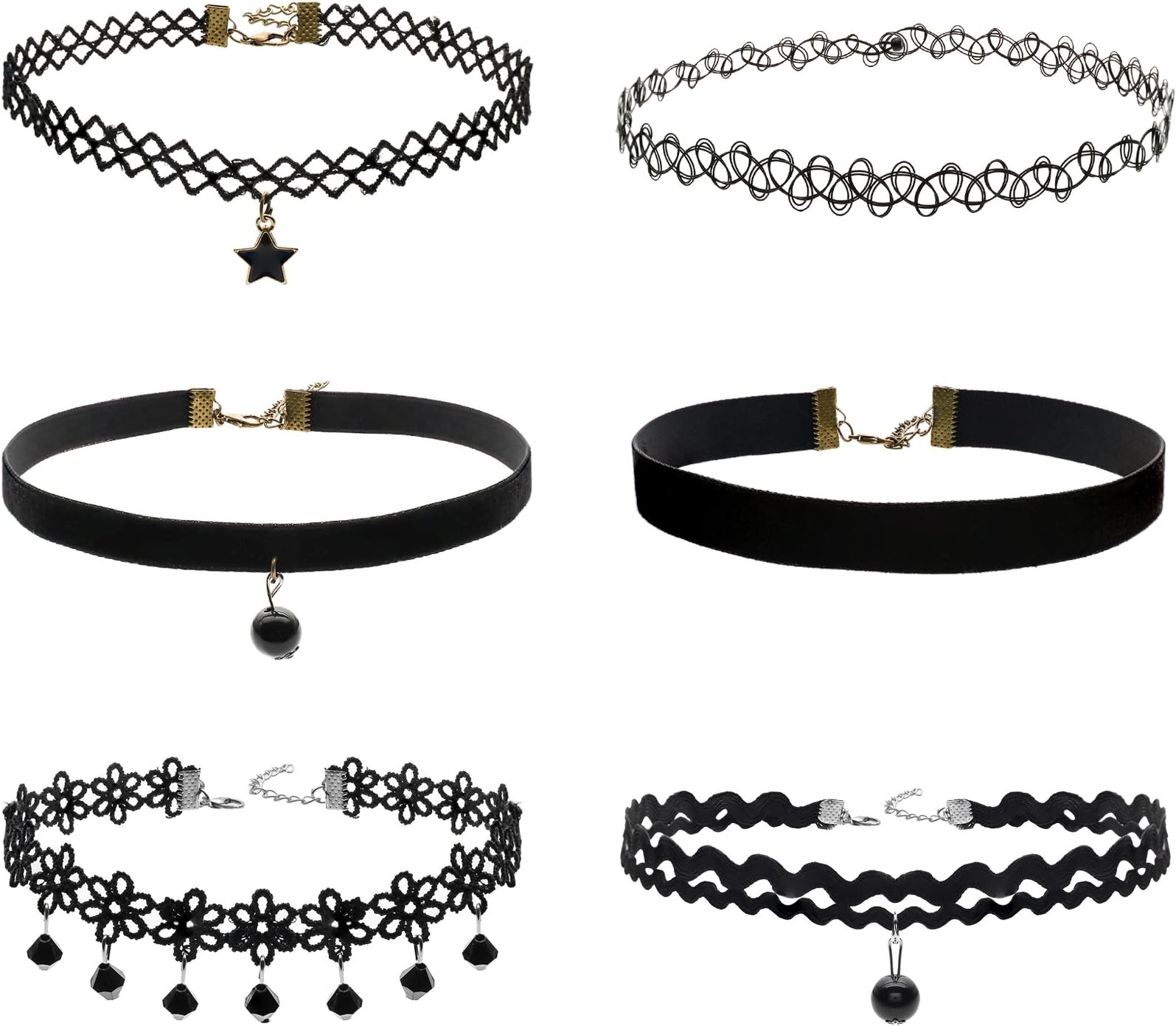 FIBO STEEL 6PCS Womens Black Velvet Choker Necklace for Women Lace Choker Tattoo Necklace (D: 6 PCS A Set)
