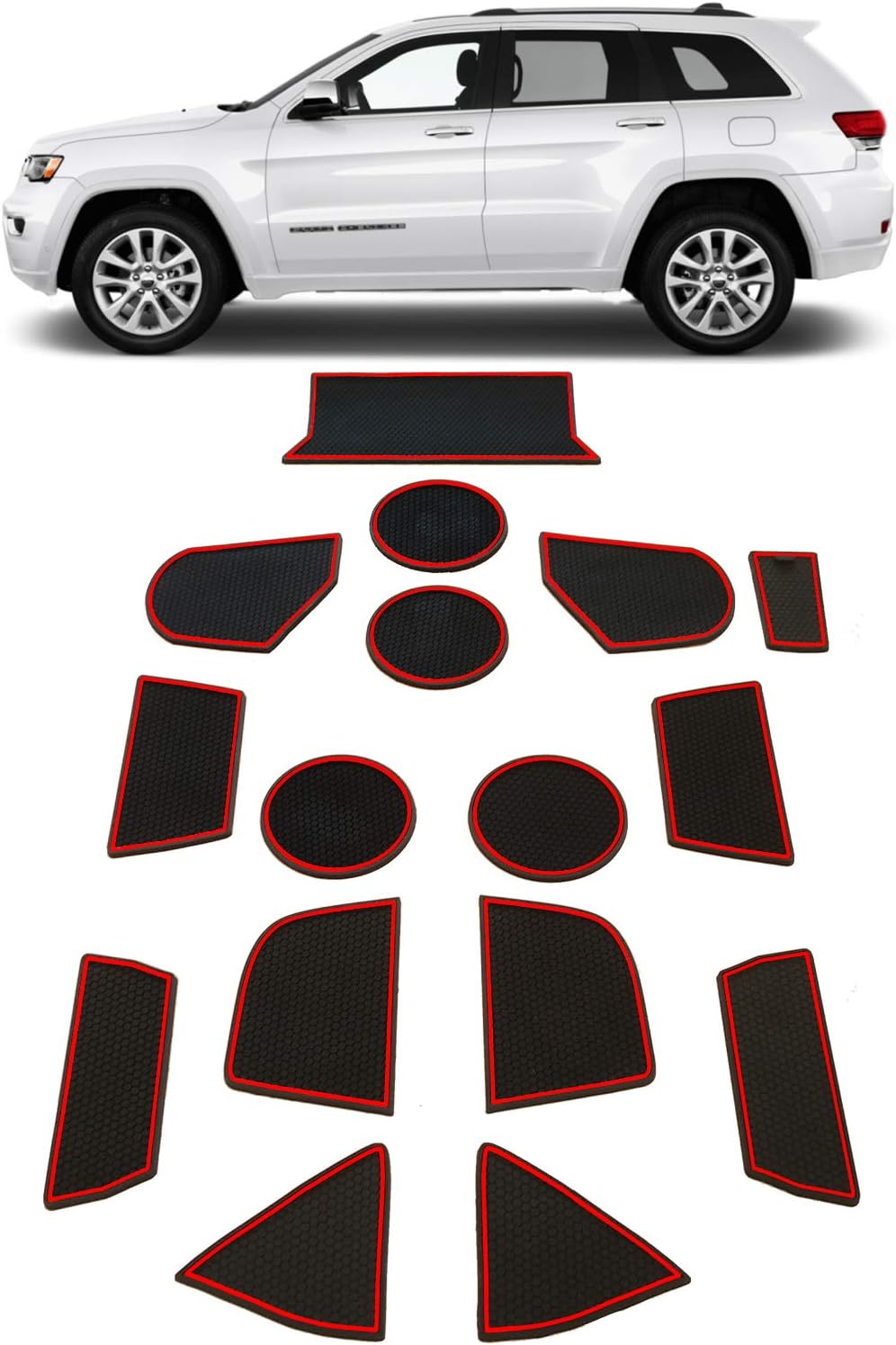 GRIDREADY 2014-2020 Jeep Grand Cherokee Cup Holder Insert & Center Console Door Liner Trim Mats | 16pc Custom Fit Non Slip Storage Bin Mat Set | Grand Cherokee Interior Accessories