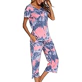 ENJOYNIGHT Women's Tie Dye Pajamas Sets Lounge Short Sleeve Top with Capri Pants Sleepwear 2 Piece Set