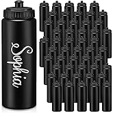 Dandat 50 Pack Reusable Water Bottles Bulk for Boy Adults 24oz Plastic Pull Top Cap Team Sports Bottles for Gym Football Cheer Party Favors(Black)