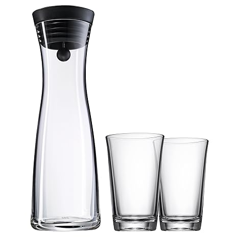 WMF Basic Wasserkaraffe Set, 3-teilig, Karaffe mit 2 Wassergläser 250ml, Glas-Karaffe 1,0l, Höhe 29 cm, Silikondeckel, CloseU