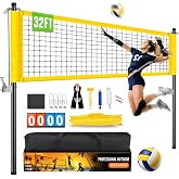 32ft Heavy Duty Portable Adjustable Volleyball Net Outdoor Beach | Set Aluminum Poles, Anti-Sag, Height Adjustable|Multiple Size| for backyard, beach, lawn play With Arm Sleeves